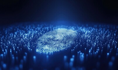 Poster - digital fingerprint glowing in blue light, surrounded by particles