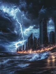Poster - Dark clouds gather over a bustling coastal city as lightning strikes, casting eerie light on the towering buildings and crashing waves. Generative AI