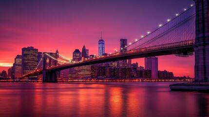 Poster - Breathtaking sunset view of the Brooklyn Bridge and New York City skyline reflecting on calm waters