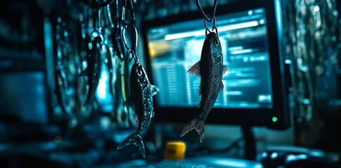 Fototapete - Two metal fish hanging on a chain in front of a computer screen.