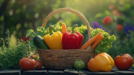 Poster - A vibrant basket filled with assorted organic vegetables in a sunlit garden setting during summer