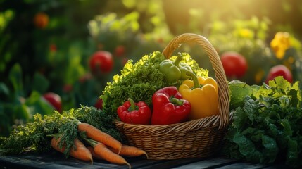 Aufkleber - A vibrant basket of organic vegetables including peppers, lettuce, and carrots displayed in a sunny garden setting