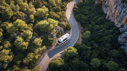 Poster - An aerial view of a motorhome traveling along a winding mountain road surrounded by lush greenery during golden hour