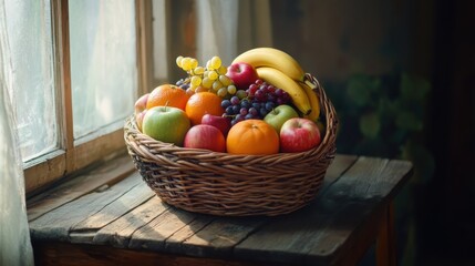 Poster - A wicker basket filled with fresh, colorful fruits resting on a wooden table by a sunlit window