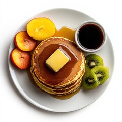 Poster - Delicious breakfast plate featuring pancakes, fresh fruits, and syrup enjoyed during a sunny morning at home
