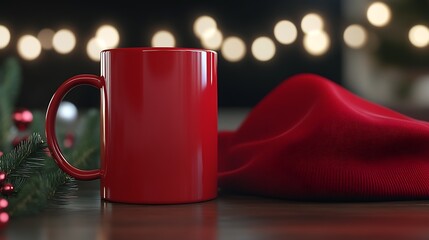 Poster - Red Mug on Wooden Table with Red Fabric in Cozy Christmas Setting : Generative AI