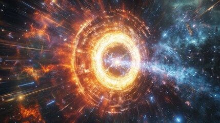 Aufkleber - A vibrant illustration of the Higgs boson, bursting with energy in a cosmic setting of lively colors and swirling patterns