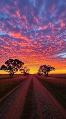 Poster - A breathtaking sunset with vibrant colors illuminating a dirt road and silhouetted trees at dusk
