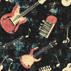 Aufkleber - Colorful musical pattern featuring guitars, notes, and an accordion against a dark backdrop, perfect for creative projects