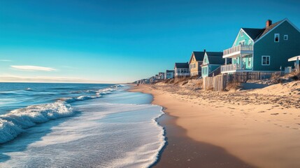Poster - A tranquil morning stroll along the sandy beach of Cape Cod, with colorful houses lining the coastline and gentle waves rolling in
