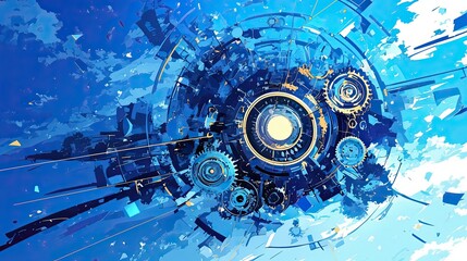 Poster - Abstract Blue and Gold Gears and Machine Components