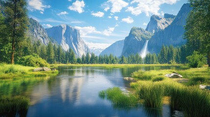 Poster - Breathtaking Yosemite Valley landscape with clear waters, lush greenery, and majestic mountain views under a bright blue sky