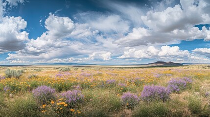 Aufkleber - Stunning panorama of vibrant wildflowers across vast plains under a dramatic sky