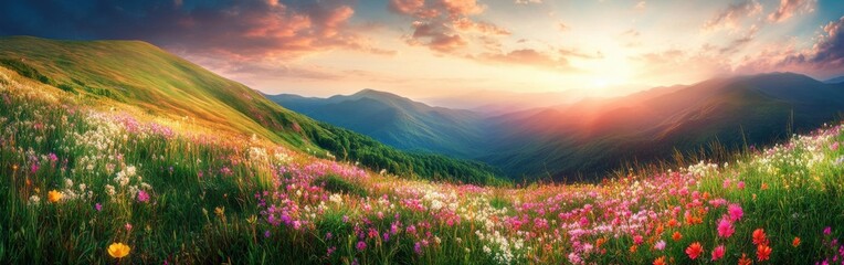 Poster - A breathtaking panorama of blooming wildflowers at sunset in the scenic Blue Ridge Mountains, showcasing nature's vibrant colors