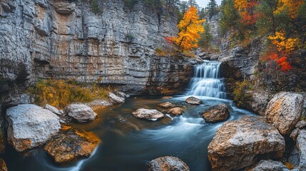 Poster - A breathtaking view of the Spearfish Canyon showcasing vibrant autumn colors and a serene waterfall cascade flowing through rocky terrain