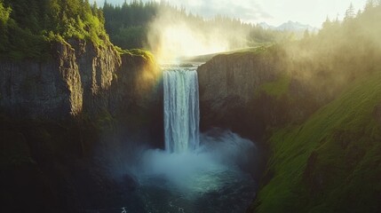 Poster - A breathtaking view of Snoqualmie Falls cascading down the rocky cliffs surrounded by lush greenery and mountains at sunset