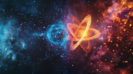 Poster - A visually striking split-screen depiction of an atom and a cosmic landscape representing fundamental elements of the universe