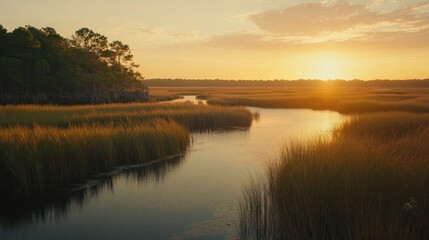 Poster - A tranquil sunset over the marshlands at Capers Island, showcasing golden grasses and serene waters reflecting the evening light