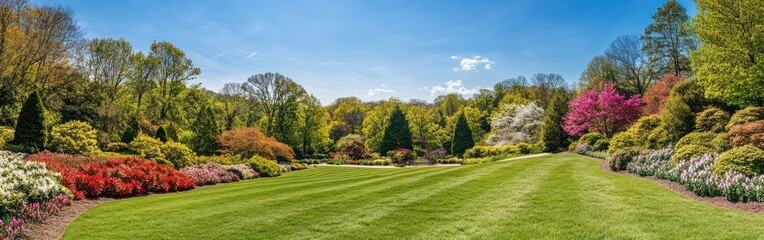Aufkleber - A peaceful day in the lush gardens showcasing vibrant flowers and trees under blue skies during springtime tranquility