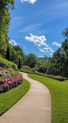 Poster - A winding pathway through vibrant gardens under a bright blue sky on a sunny day