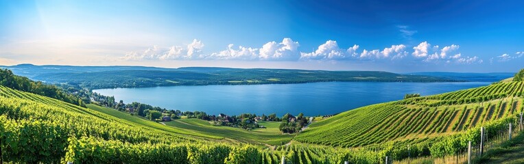Poster - A peaceful landscape of vineyards overlooking the calm waters of the Finger Lakes in bright daylight