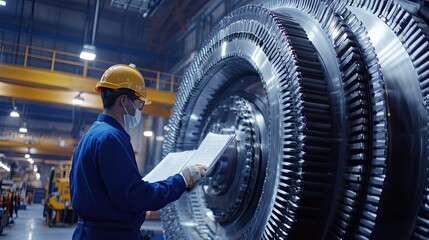 Poster - Engineer Inspecting Large Industrial Turbine in Factory