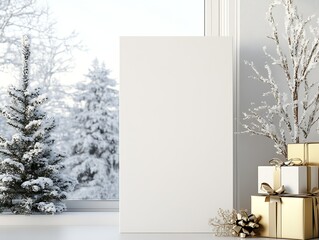 Aufkleber - Elegant Winter Wonderland Scene With Frosted Trees and Golden Holiday Gifts : Generative AI