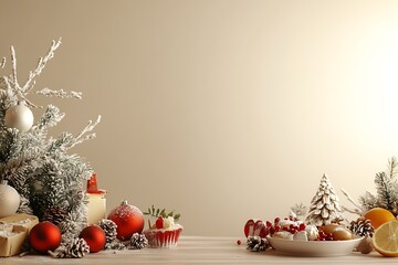 Aufkleber - Festive Christmas Scene With Decorated Tree and Holiday Treats on Wooden Table : Generative AI