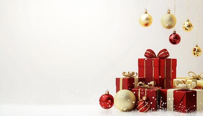 Poster - Festive Christmas Gift Boxes and Ornaments on Snowy Background : Generative AI