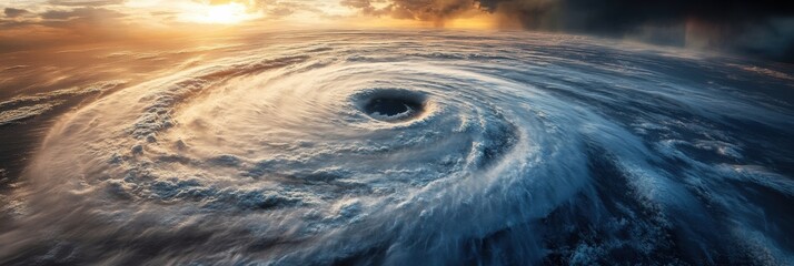 Poster - A large hurricane develops in the open ocean near sunset, with strong winds and dramatic cloud formations indicating its intensity. Generative AI