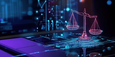 Poster - Digital scales of justice, glowing in futuristic technology environment