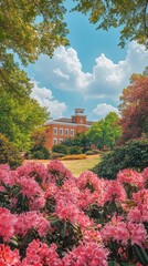 Poster - A vibrant display of pink flowers in full bloom framing the historic building under a sunny sky in spring