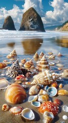 Poster - A tranquil view at Haystack Rock with colorful shells scattered on the sandy beach during a calm afternoon