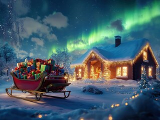 Poster - A festive sleigh filled with colorful gifts parked near a warmly lit cottage under a starry sky in winter
