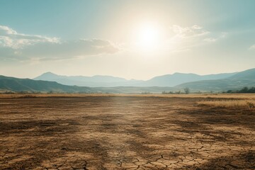 Poster - The landscape shows sun-baked, cracked earth with sparse vegetation and a bright sun illuminating the distant mountain range. Generative AI