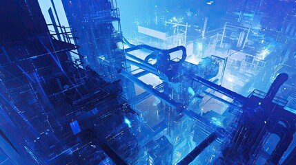 Poster - Abstract Blue Cityscape With Futuristic Architecture and Pipes