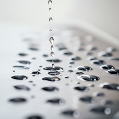 Poster - Macro shot capturing water droplets rolling off a metallic surface in a serene environment during daylight hours