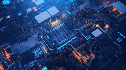 Poster - Abstract Digital Circuit Board with Blue and Orange Lights