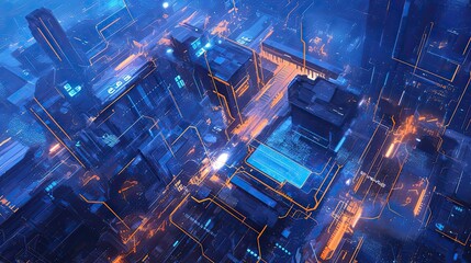 Poster - Futuristic Cityscape with Glowing Orange and Blue Lines