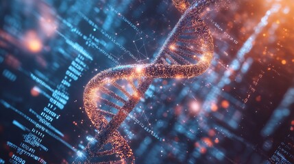 Fototapete - A futuristic glowing DNA helix intertwined with digital data representations in a high-tech environment