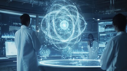 Aufkleber - futuristic digital laboratory featuring scientists analyzing a holographic atom interface with advan