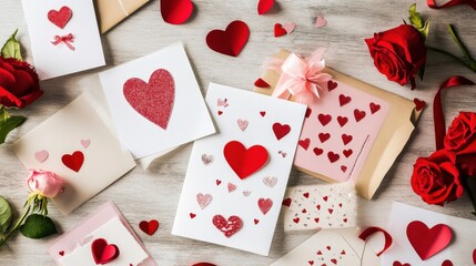 Poster - A creative flat lay featuring a variety of Valentine's Day cards and decorations on a wooden surface with roses