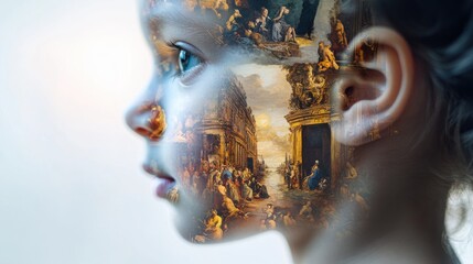 Poster - A child's profile revealing a double exposure of classical art in an imaginative blend of innocence and creativity in a soft-lit setting