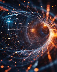 Poster - a mesmerizing double exposure capturing an abstract energy grid with vibrant lights and flowing patt