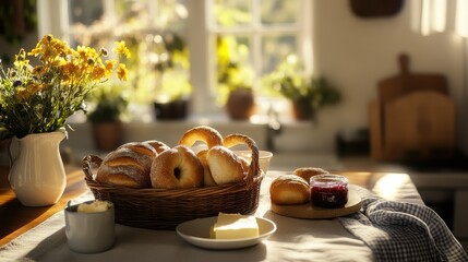 Aufkleber - A cozy breakfast table featuring a basket of fresh rolls, butter, jam, and flowers in a sunlit kitchen setting