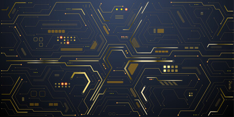 Fototapete - Abstract electronics technology background. Golden circuit lines, computer motherboard elements on a dark tech bg. Luxury circuit pattern. Ai chip, semiconductor concept. Digital vector illustration.