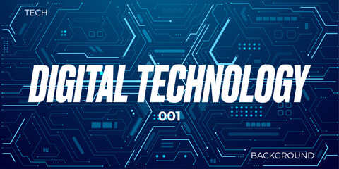 Poster - Digital technology background in electric navy blue. Tech bg. AI and circuit board concept. Motherboard with a semiconductor or AI chip place. Computer electronics elements and connected lines. Vector