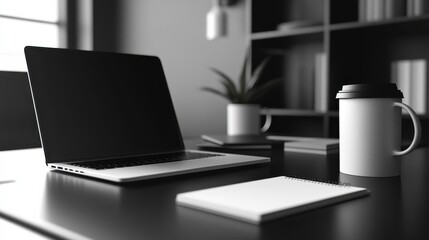 Aufkleber - A modern office desk setup with a laptop, coffee, and a notepad in a bright workspace during daylight hours