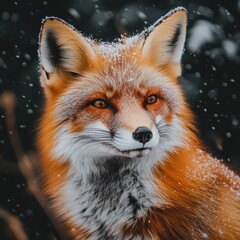 Poster - A red fox with snowflakes on its fur emerges from its den in a peaceful winter landscape at dawn, showcasing its striking features and alertness