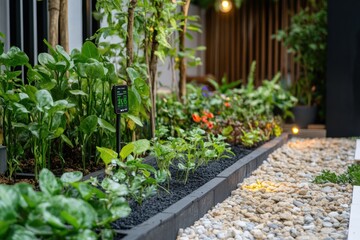 Poster - This smart garden showcases lush greenery with automated sprinklers and soil sensors, enhancing plant growth in an urban environment. Generative AI